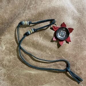 Artisan Made Metal Floral Pendant Necklace on Cord With Beads